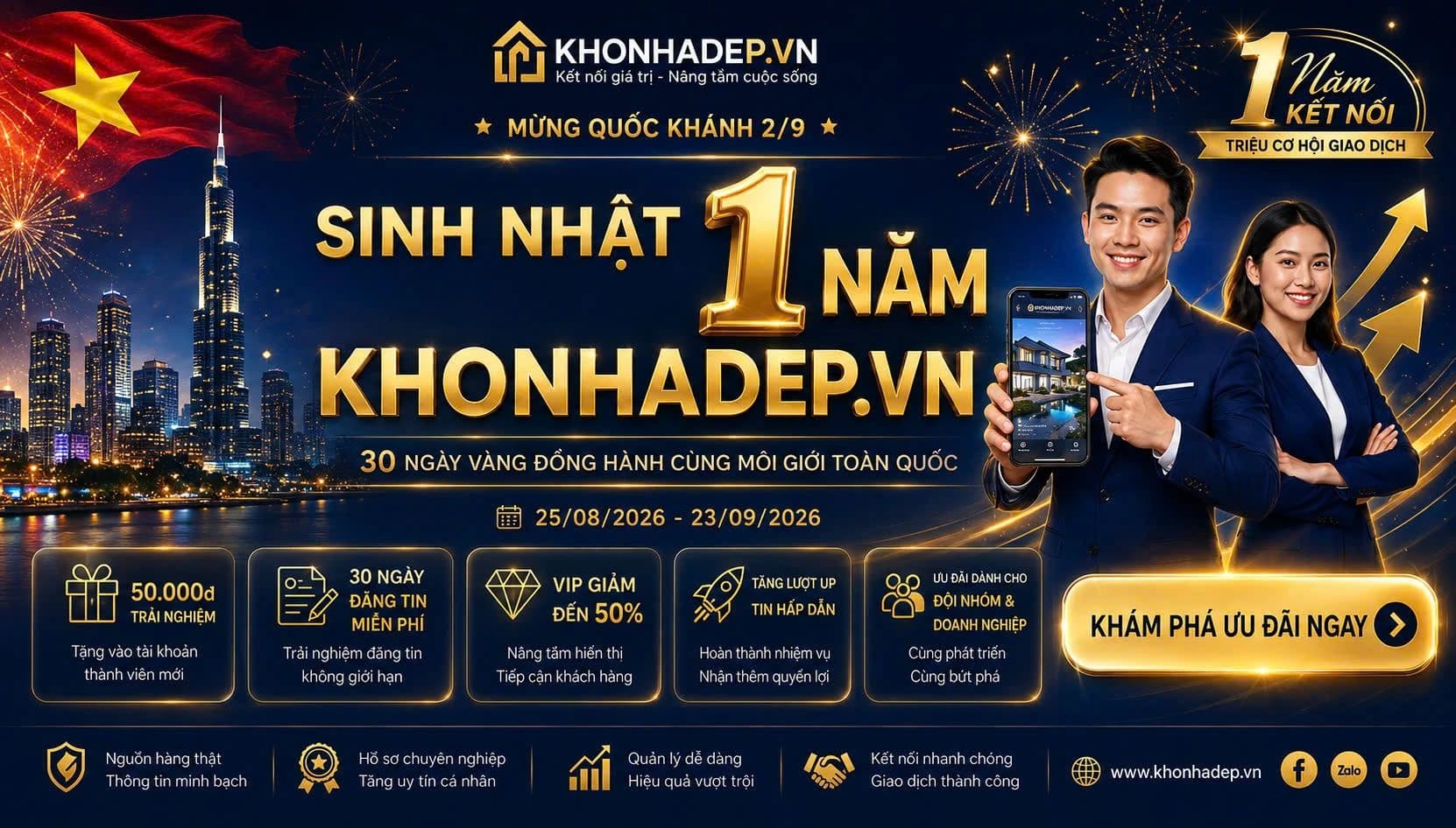 🇻🇳 MỪNG QUỐC KHÁNH 2/9 × 🎂 SINH NHẬT 1 NĂM KHONHADEP.VN